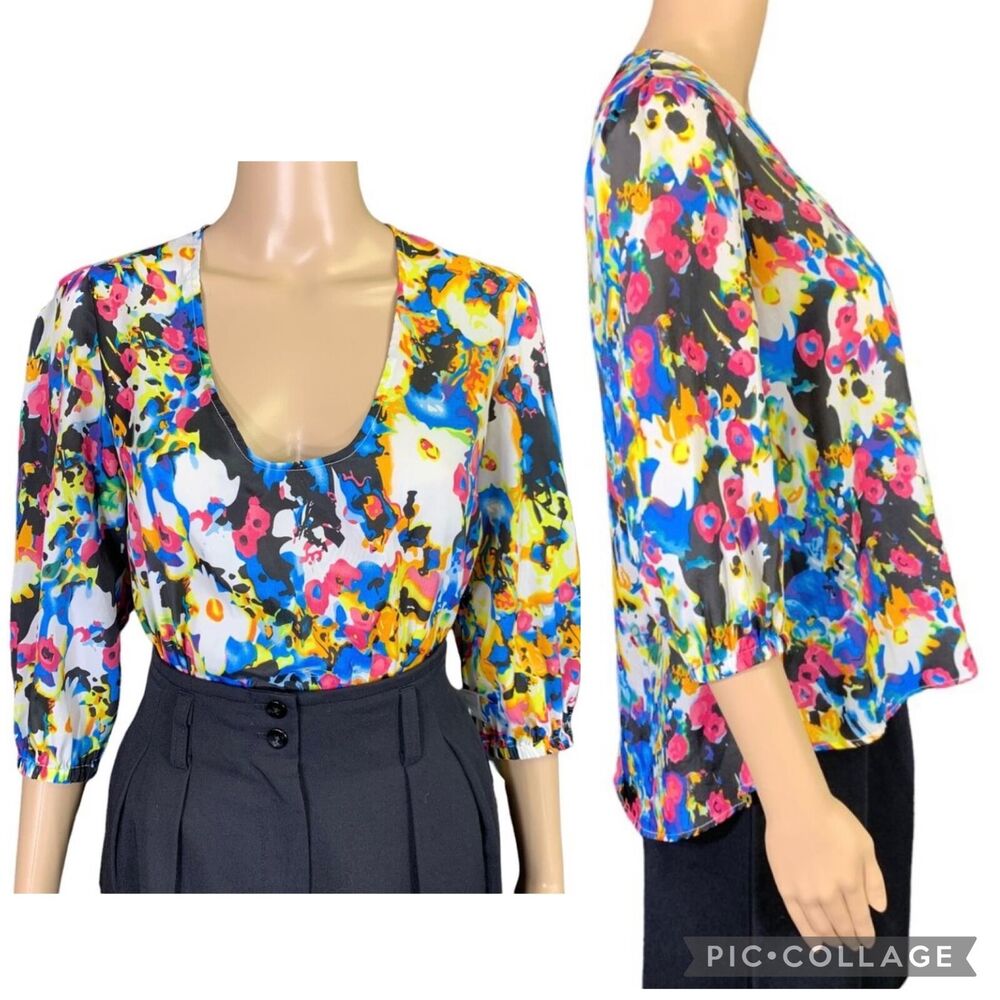Lovers and Friends Womens Blouse Top Shirt Bright Colorful Hi Low Silky Small